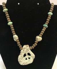 Artisan Speckled Brown Agate Pendant Necklace Turquoise Wood BOHO Hippie 20”