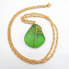 Green Pirate Sea Glass Pendant Necklace Gold Wire Wrapped Whimsigoth Fairy Boho