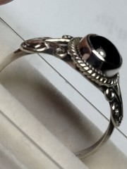 GARNET CAB IN TRENDY FILIGREE & HALO SET STL. SILVER.925 RING SIZE 8.25-8.5