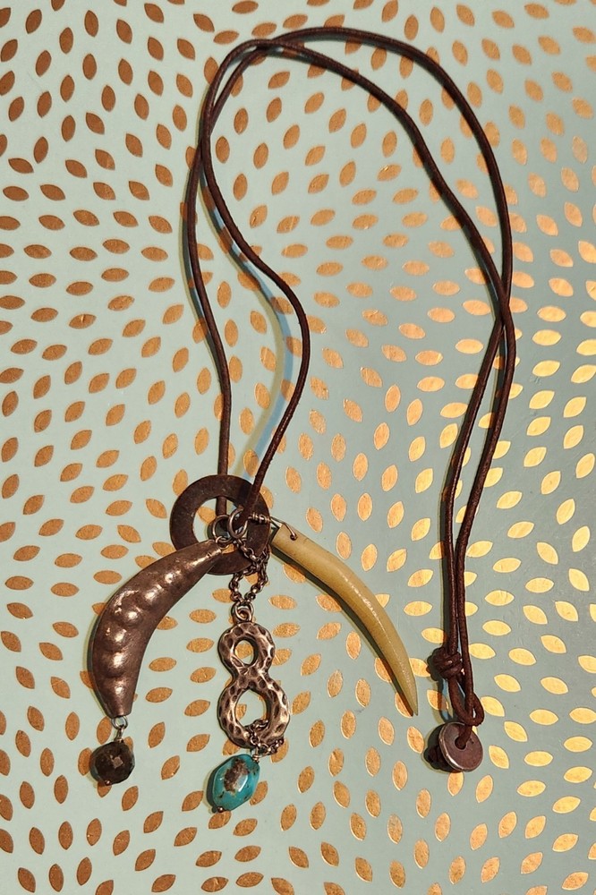 Chan Luu artisan bohemian cluster of charms and dark Brown Leather cord Necklace