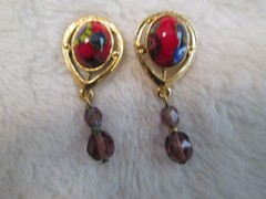 Vintage Millefiori Flower Bead Purple Glass Beads Set in Gold Overlay 1.25″