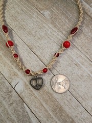 New Hemp Necklace w/ Heart Peace Sign Charm & Red Glass Beads, 18 inch Handmade