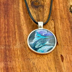 Pendant Necklace Handmade «Frosty Mountain River» Silver Bezel 25mm Black Cord