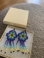 Handmade Beaded Dangle Earrings In Colorful Blues and Yellow 3 Inches. New