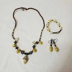 Necklace, Bracelet, & Earrings, Shells, Metal & Ceramic Beads, Woven Fabric Cord