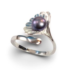 Solid Silver .925 Black-Gray Freshwater Pearl Shell-Style Adjustable Ring