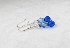Blue Crystal Earrings, Antique-silver-plated Pewter, Sterling 925, Gift Box