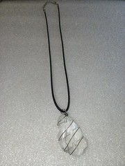Clear Quartz Crystal Necklace Handmade Silver Wire Wrap Pendant Black Cord Chain