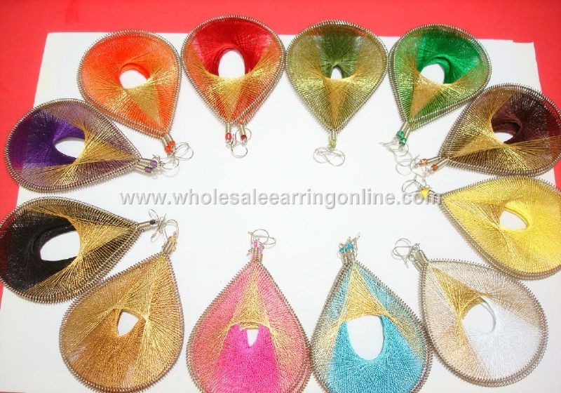 12 PERUVIAN EARRINGS, SILK AND METALLIC THREAD EARRING HANDMADE LARGE Size #271