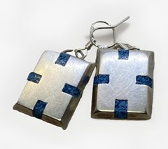 Handmade Taxco 925 Sterling Denim Lapis Inlay Rectangular Hook Earrings 12.2g