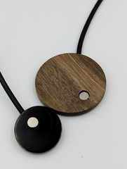 Modernist Artist Made Wood Mother Of Pearl Vinyl Cord Necklace Magnetic Clasp
