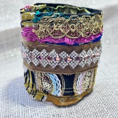 Wide Cuff Bracelet Boho Multicolor Fabric Baroque Embellished Handmade OOAK 6-7