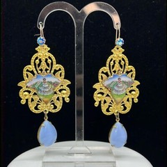 Adorned Crown Jewelry artisan assemblage enamel leaf filigree Czech earrings