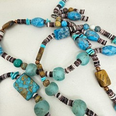 Artisan Beaded Lariat Tassel Necklace Turquoise Tigers Eye Sea Glass Blue Brown