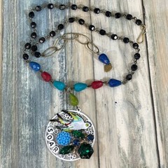 Adorned Crown Artisan assemblage necklace rosary stone soar enamel bird cluster