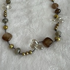 Woman’s 24” Handmade Beaded Necklace With Crystals And Stones And Gold Beads.