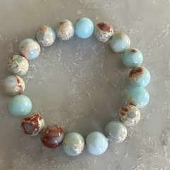 Handcrafted Beaded Bracelet Blue Beige Brown Stone Round Stretch Unisex