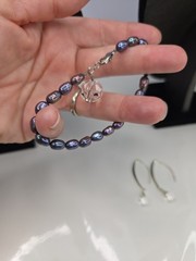 Real Gray Freshwater Cultured Pearl Set 3-Pc Necklace Bracelet Dangle Earrings