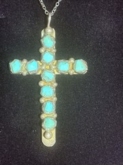 Vintage Turquoise Cross Pendant Acid Tested Silver Handmade Southwest 10 Stone