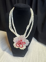 Artisan Mother Of Pearl 3 strand necklace 17 inches Swarovski red crystal Accent