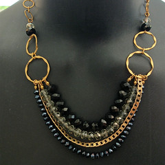 Layered Bib Necklace Gold Tone Black Gray Crystal Israeli Artisan Statement 90s
