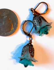 AQUA SKY BLUE acrylic & crystal FLOWER FILIGREE LEAF earring COPPER LEVER BACK