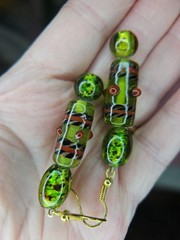 Green Foil Art Glass Lamp Work Earrings 2.25 Inches Long Quality Made