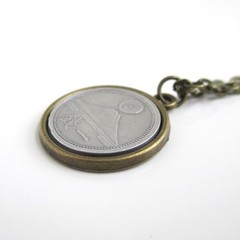 JAPAN Coin Pendant Necklace – Repurposed Vintage 1940s Silver Tone Mt. Fuji Coin