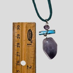 Boho Necklace with Amethyst & Turquoise Pendant on Green Suede Cord 16-19″