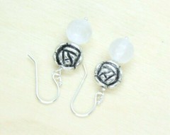 Selenite Earrings White 8mm Ball Gemstone .925 Sterling Silver 1 1/4″ Rose bud