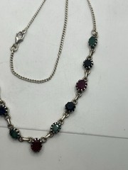 Handmade sterling silver prong set stones red green blue necklace vintage