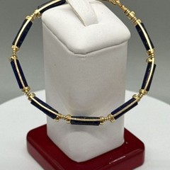 Artisan Lapis Lazuli Wire Wrapped Gold Tone Bar Link Bracelet Handmade Hook Vtg