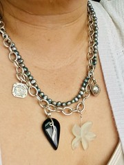 Artisan Sterling Silver Statement Necklace 82g – Gray Pearls, Onyx, MOP, Ladybug