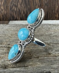 Sterling Silver Native American SW Genuine White Water Turquoise 3 Stone Ring