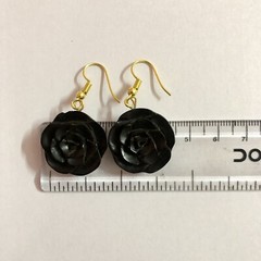 Ebony Wood Rose Flower Carved Handmade Earrings 45 mm length, D 1