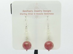 Sterling Silver THULITE & PEARL Gemstone Dangle Earrings #2191…Handmade USA