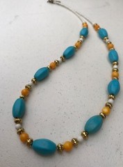 Necklace of Turquoise and White Magnesite Stone Orange Shell and Gold Tone Beads