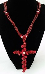Handmade Necklace Cross GLASS BEADS RED WHITE CATS EYE Tone CORAL Pieces 22 inch