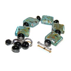 Green Murano Square Glass Bead and Black Stone Beaded Bracelet