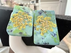 Handmade Yellow Pressed Flower Resin Earrings with Mother of Pearl Backing – 2″