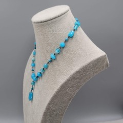 Signed Express Blue Art Glass Bead Y Drop Necklace 18″ adj