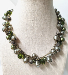 Metallic Cha Cha Silver & Green Faux Pearls with silvery Dangles Necklace
