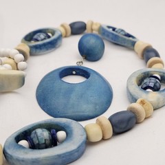 Artisan Blue & Natural Tagua Nut Set Statement Necklace/Earrings Eco-Friendly