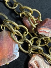 Unique Gold Tone Multi Chain & Pink White Agate Chunky Statement Necklace