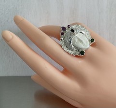 Sajen Silver Carved Goddess Ring Multi Gemstones 925 Sterling Silver Size 7