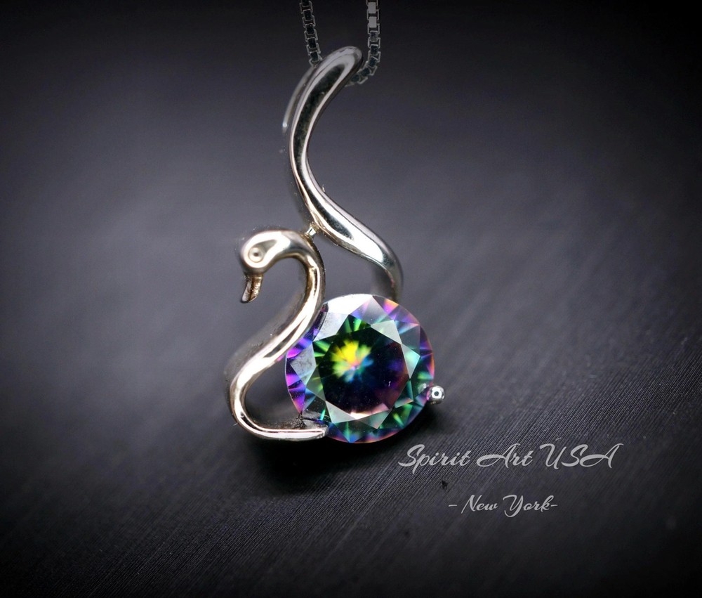 Mystic Topaz Swan Necklace – 18Kgp @ Sterling Silver – Rainbow Mystic Topaz
