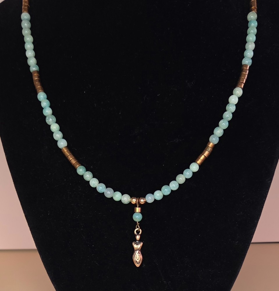 Blue-Green Amazonite and Copper Beaded Necklace with Goddess Pendant