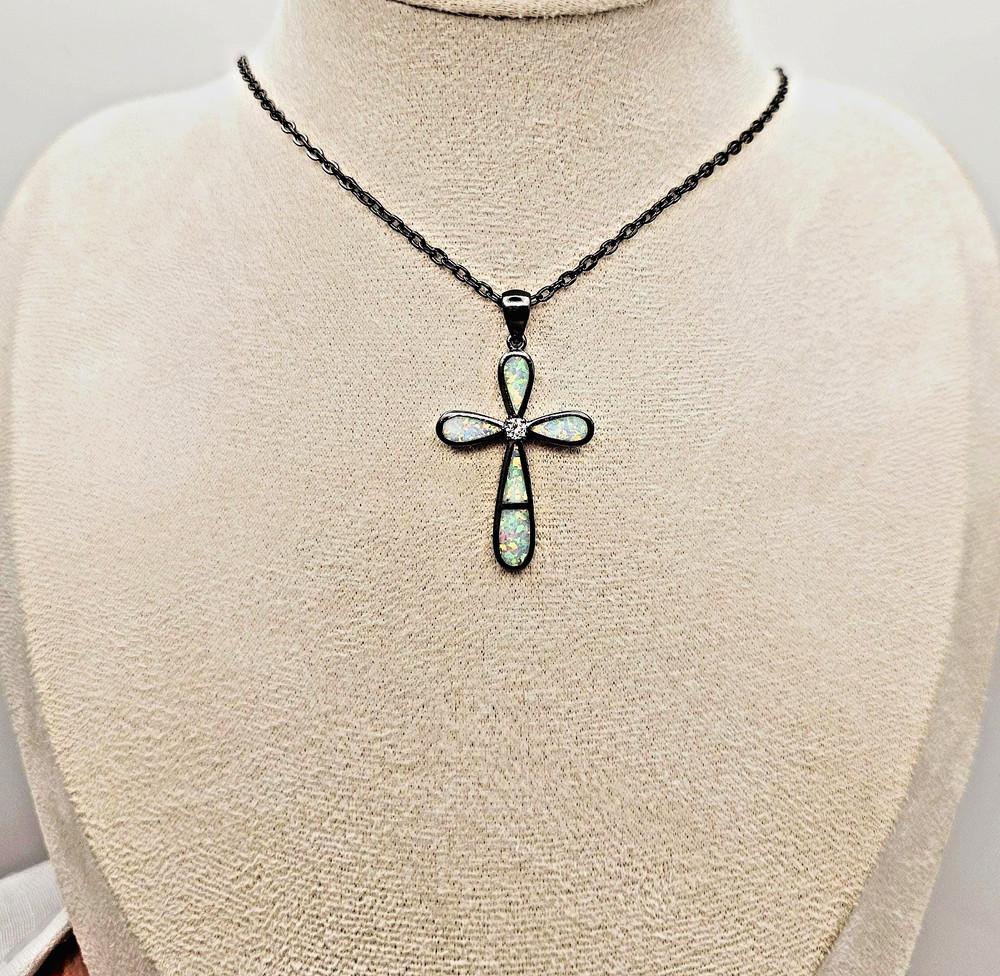 Resin Fire Opal Cross Necklace – Custom Length Chain -Gunmetal Black Pendant