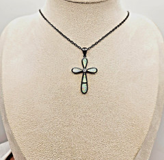 Resin Fire Opal Cross Necklace – Custom Length Chain -Gunmetal Black Pendant