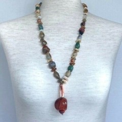 Gemstone Natural Stone Beaded Boho 26″ Necklace Amber Colored Glass Pendant